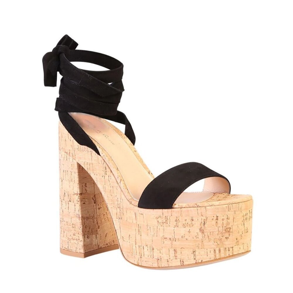 Gianvito Rossi size 39 9 Cork Platform Sandals Ankle Tie Strap Black Suede shoes - Picture 2 of 15